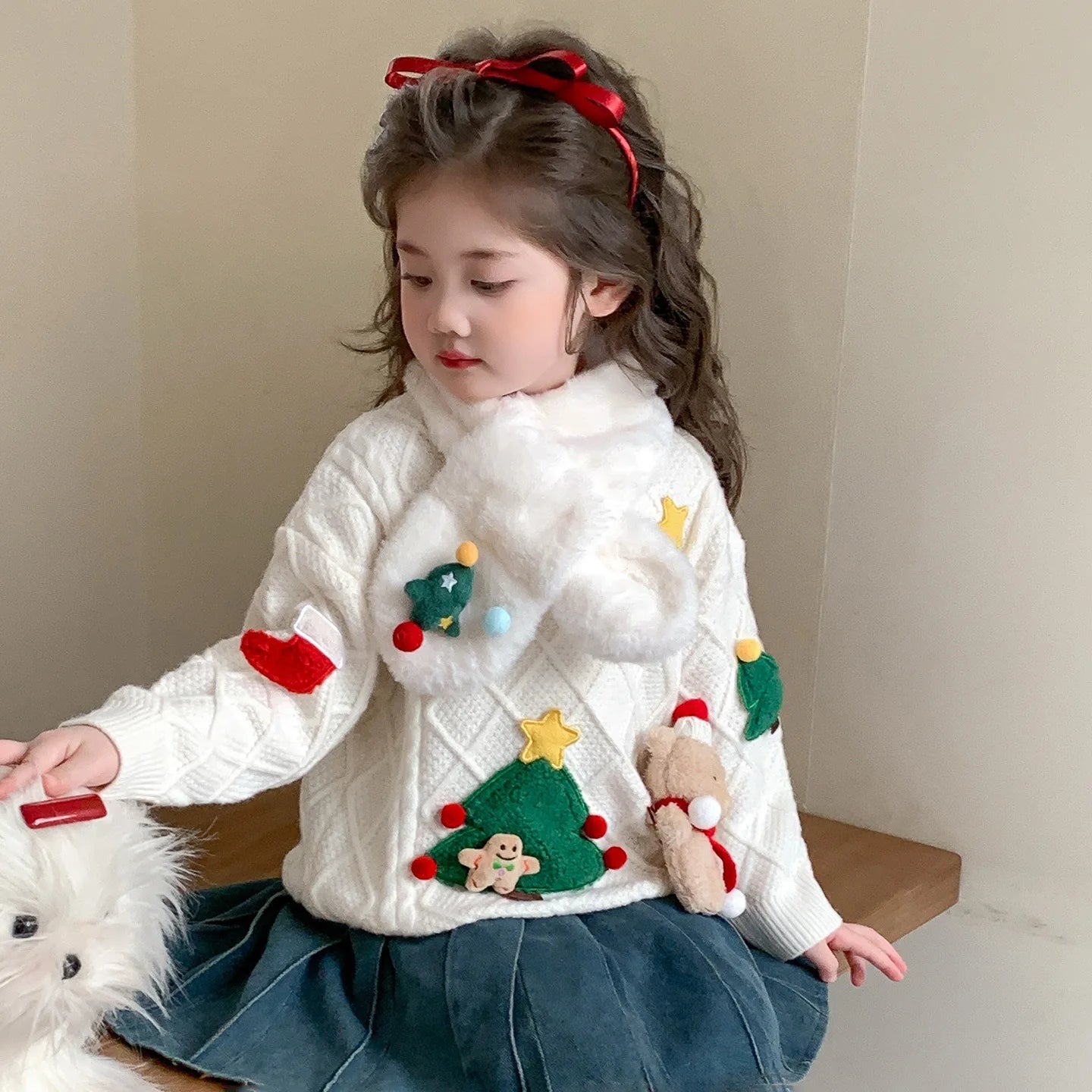 Korean Style Winter Girls Christmas Sweater – Santa & Tree Knit Pullover for Kids 2-8 Years with Velvet & Soft Scarf