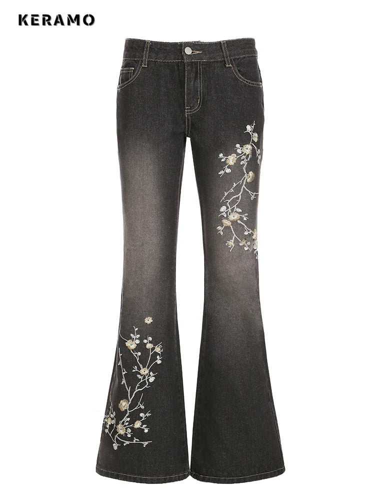 Y2K Floral Embroidery Low Rise Flared Jeans