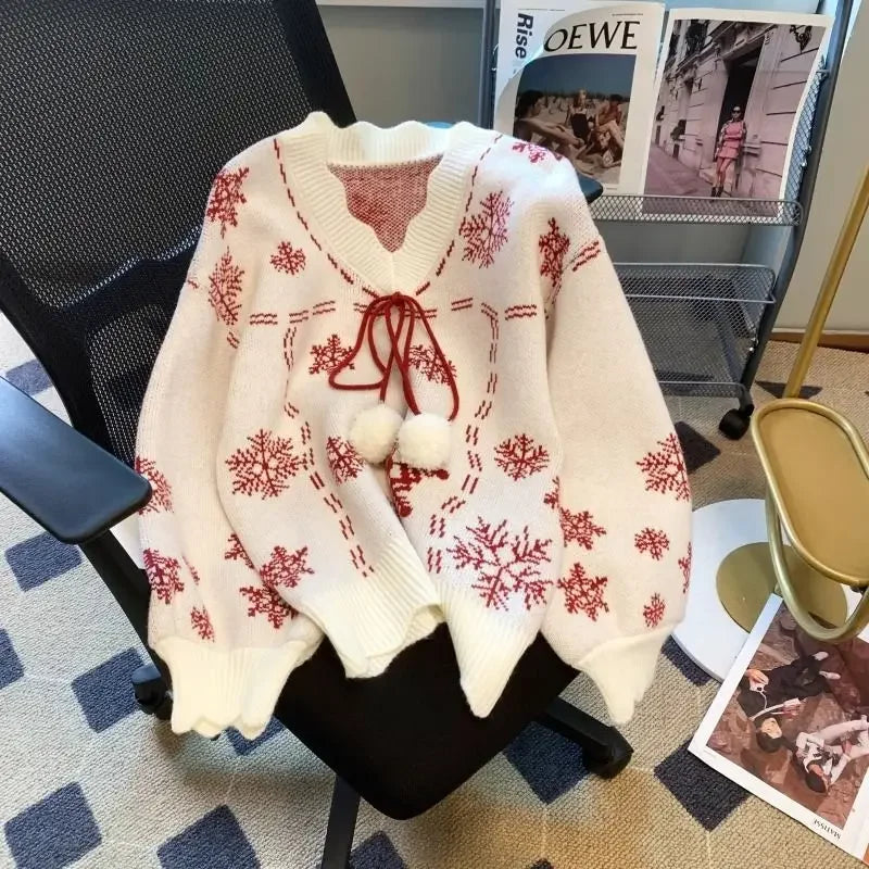 Women’s Christmas Knitted Sweater 2025 Vintage Long Sleeve V-Neck Loose Pullover Jumper Autumn Winter