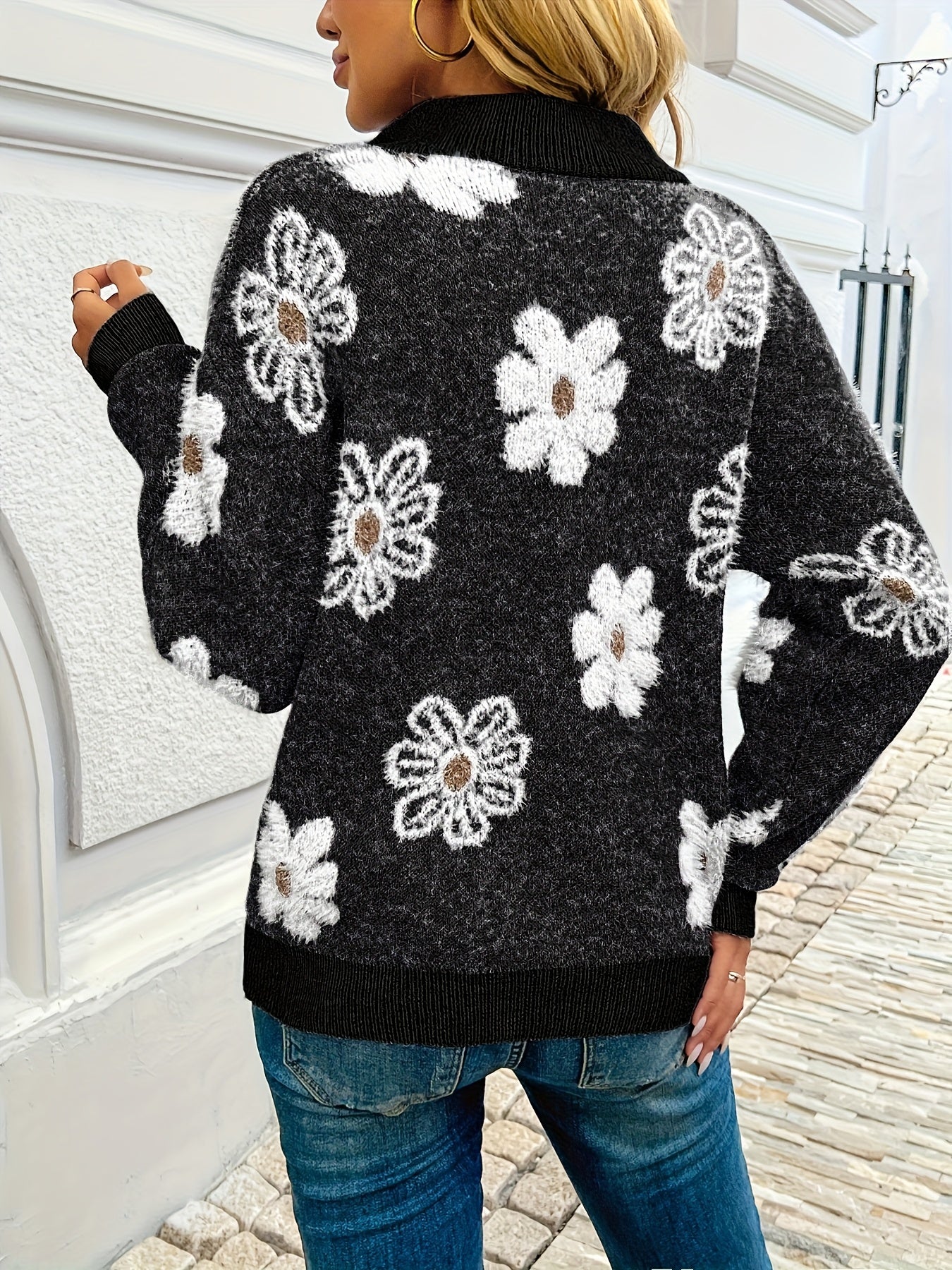 European & American Style Floral Half Zip Pullover Sweater