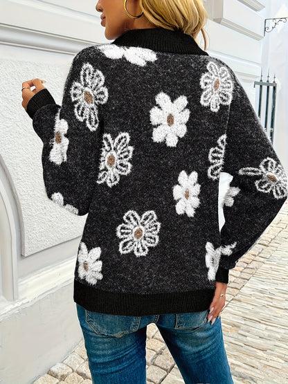 European & American Style Floral Half Zip Pullover Sweater