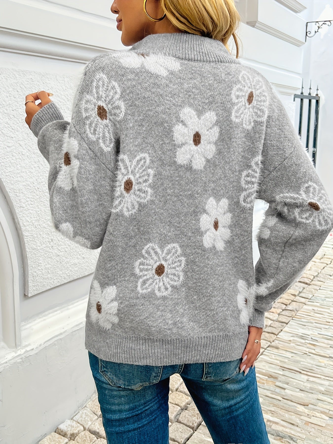 European & American Style Floral Half Zip Pullover Sweater