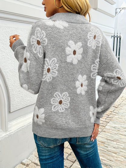 European & American Style Floral Half Zip Pullover Sweater
