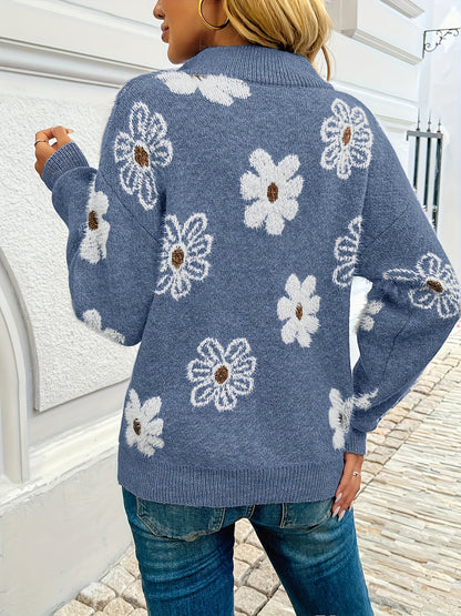 European & American Style Floral Half Zip Pullover Sweater