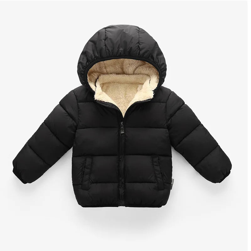 Kids Winter Thick Plush Jacket – Warm Hooded Coat for Boys & Girls, Fur-Lined Snowsuit Outerwear