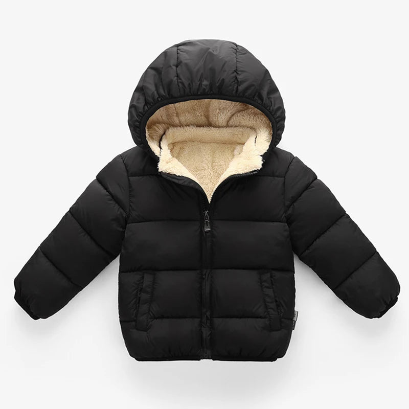 Kids Winter Thick Plush Jacket – Warm Hooded Coat for Boys & Girls, Fur-Lined Snowsuit Outerwear
