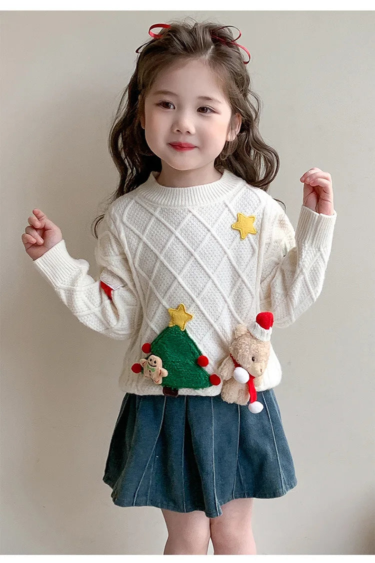 Korean Style Winter Girls Christmas Sweater – Santa & Tree Knit Pullover for Kids 2-8 Years with Velvet & Soft Scarf