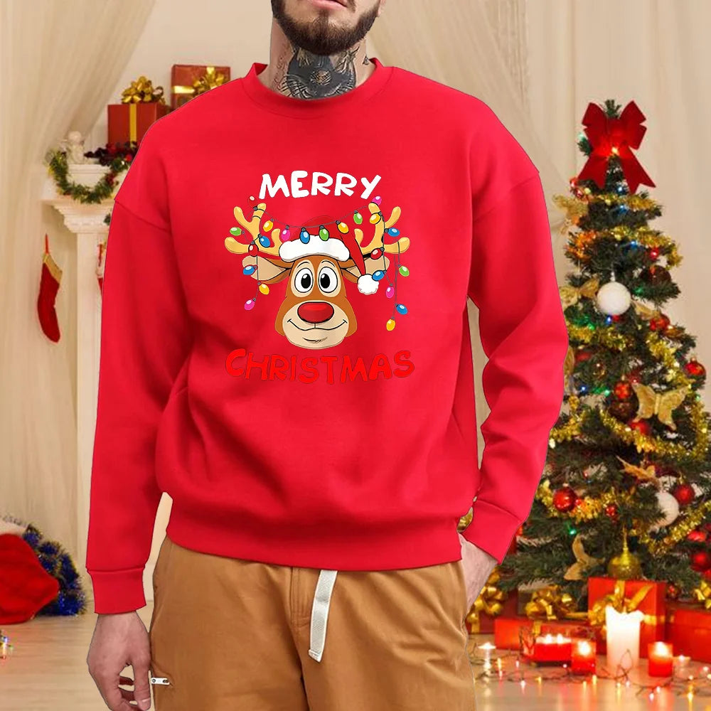 Men’s Christmas Elk Sweater – Cute Merry Christmas Red Pullover, Long Sleeve Casual Winter Knit