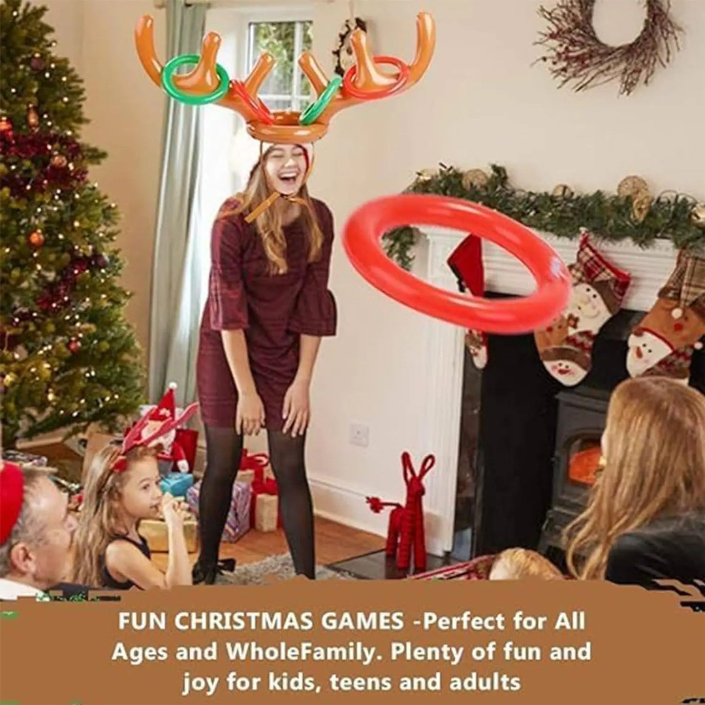 Inflatable Reindeer Antler Hat with Ring Toss