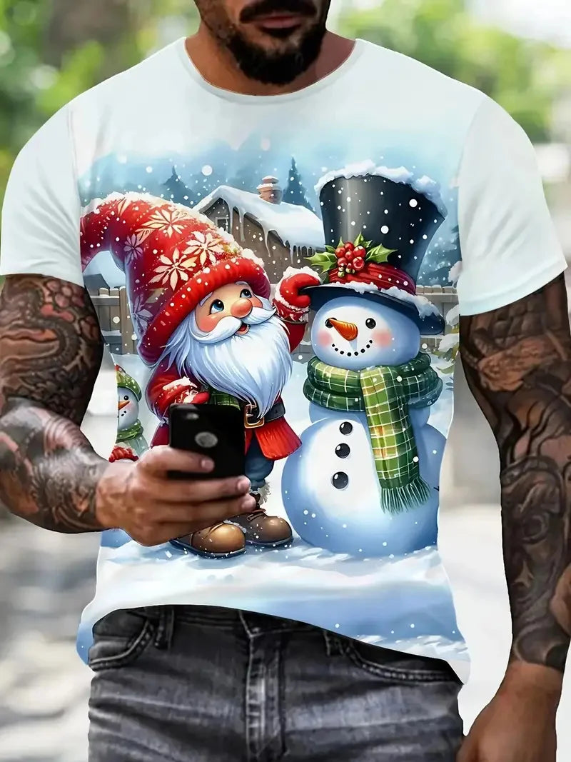 Men’s 3D Snowman Graphic T-Shirt – Casual Christmas Short Sleeve Tee, Holiday Printed Pullover Top