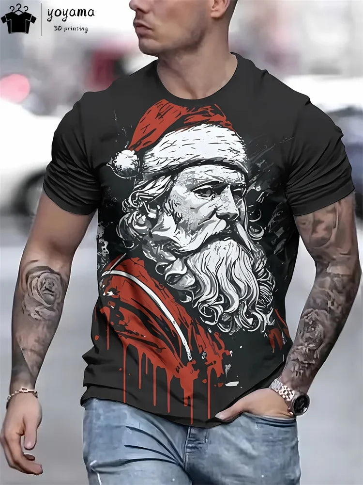 Men’s Christmas 3D Santa Claus Print T-Shirt – Casual Short Sleeve Oversized Holiday Tee, Fashion O-Neck Top for New Year