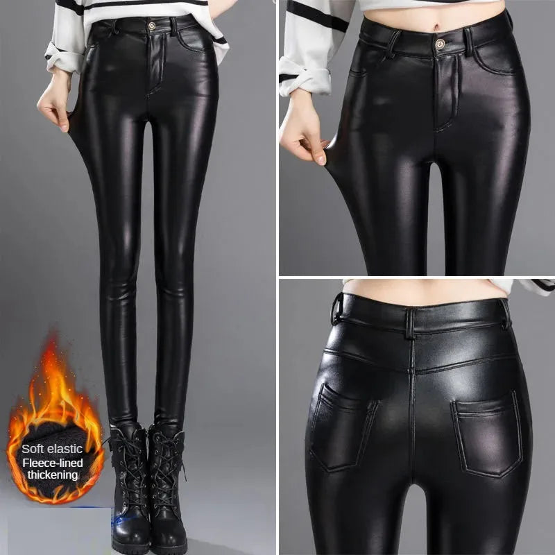 Women's High-Waisted Cashmere PU Leather Leggings