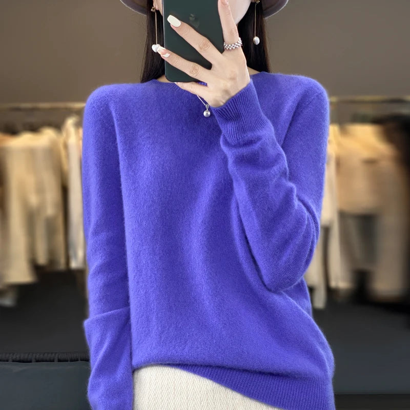 Women’s 100% Merino Wool Sweater – Autumn Winter O-Neck Warm Cashmere-Feel Pullover