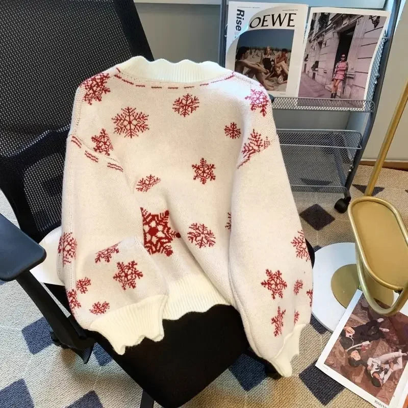 Women’s Christmas Knitted Sweater 2025 Vintage Long Sleeve V-Neck Loose Pullover Jumper Autumn Winter