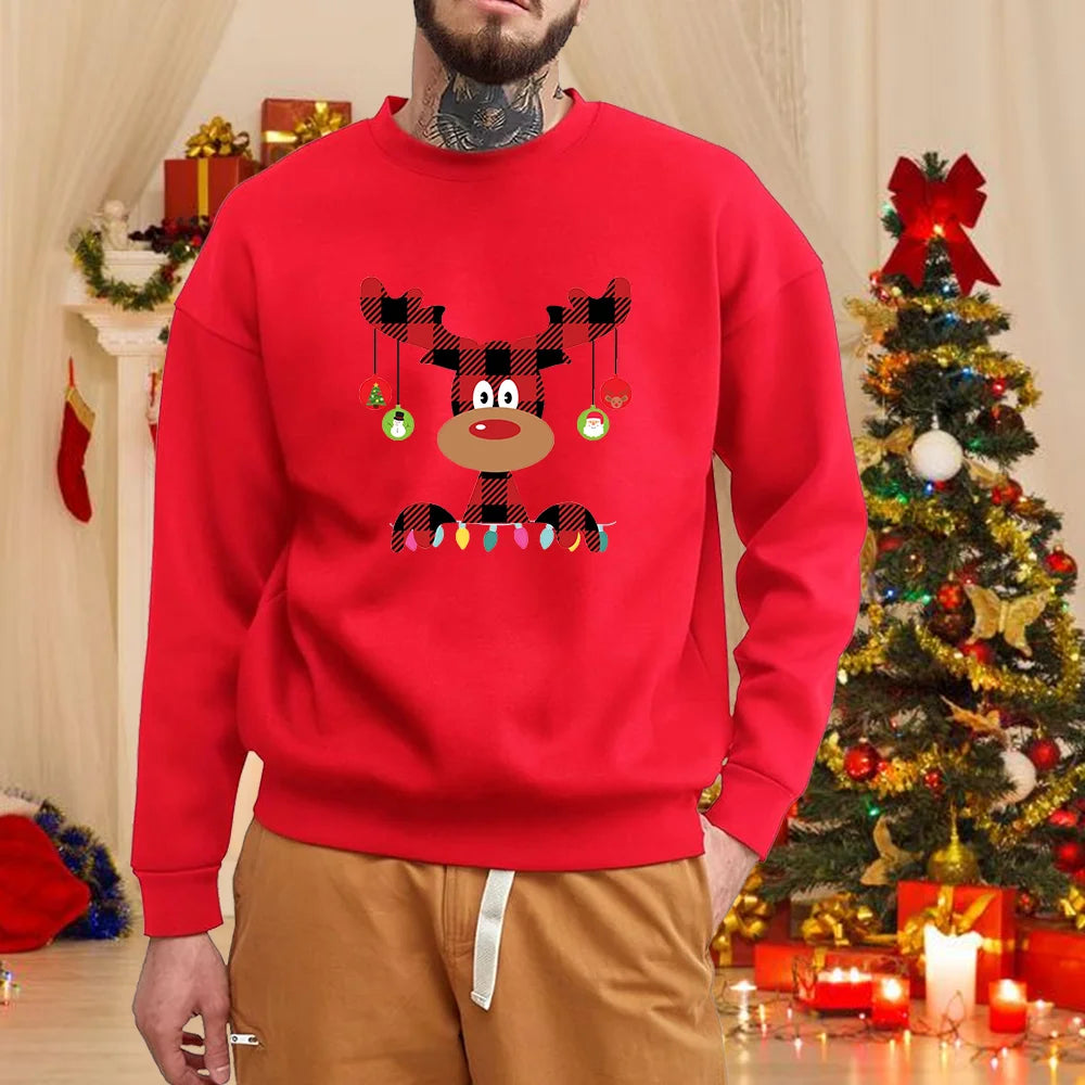 Men’s Christmas Elk Sweater – Cute Merry Christmas Red Pullover, Long Sleeve Casual Winter Knit