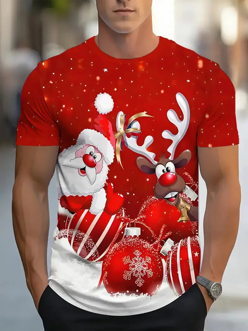 Funny Cartoon Santa Claus Christmas Graphic T-Shirt – Casual Loose Round Neck Short Sleeve Tee for Men & Women
