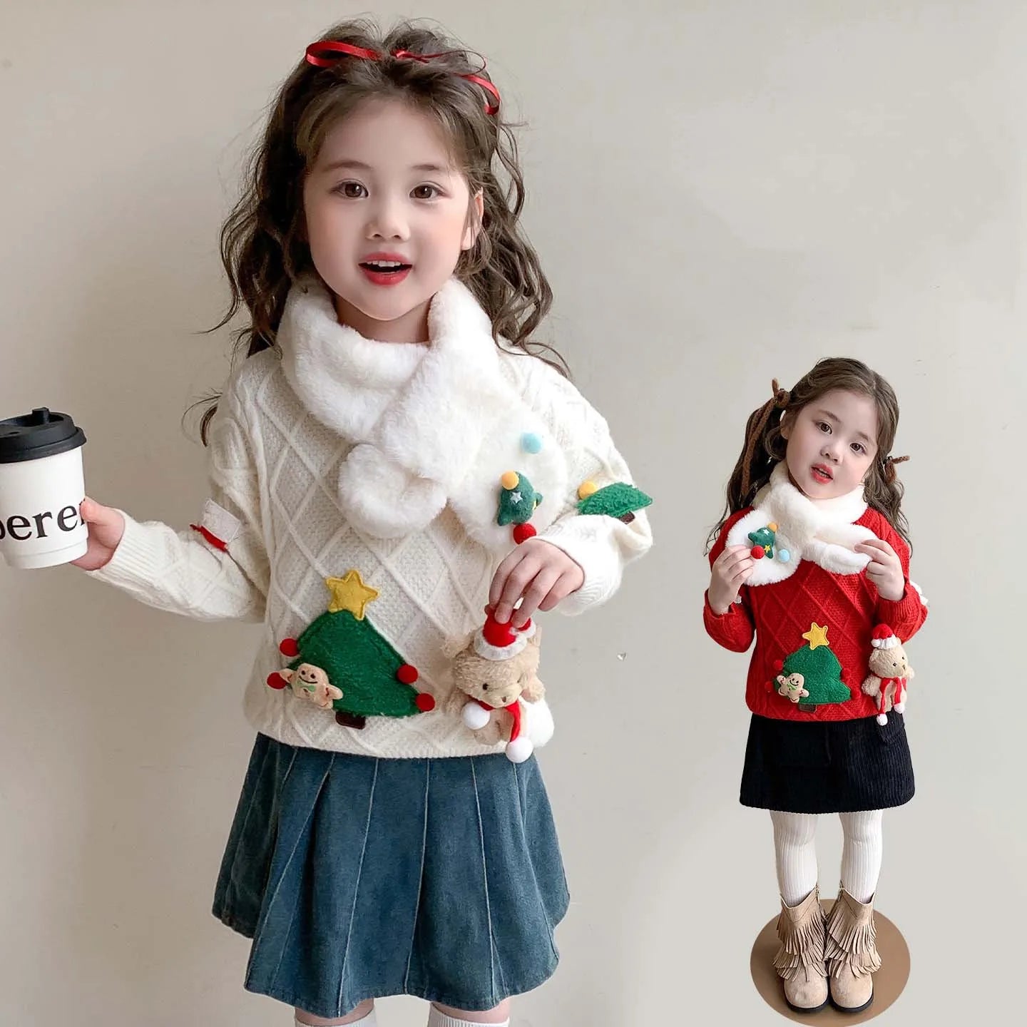 Korean Style Winter Girls Christmas Sweater – Santa & Tree Knit Pullover for Kids 2-8 Years with Velvet & Soft Scarf