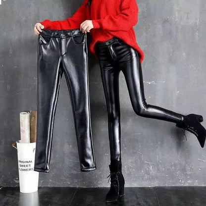 Women's High-Waisted Cashmere PU Leather Leggings