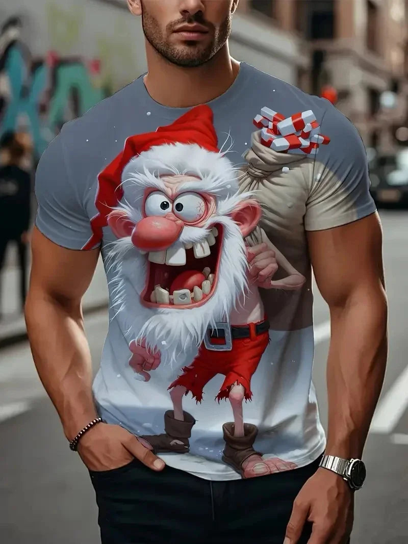 Men’s Christmas 3D Santa Claus Print T-Shirt – Casual Short Sleeve Oversized Holiday Tee, Fashion O-Neck Top for New Year