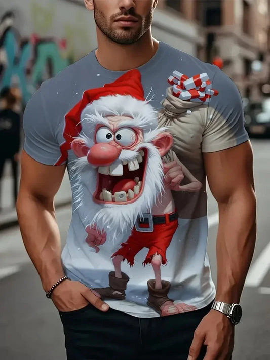 Men’s Christmas 3D Santa Claus Print T-Shirt – Casual Short Sleeve Oversized Holiday Tee, Fashion O-Neck Top for New Year