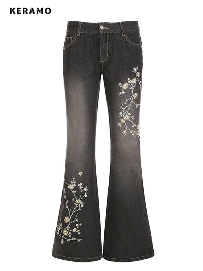 Y2K Floral Embroidery Low Rise Flared Jeans
