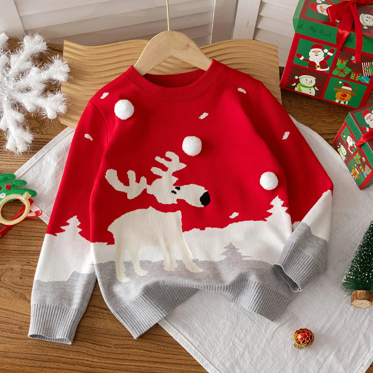 Kids Boys Christmas Sweater Little Elk Jacquard Knit Pullover Santa Claus Baby Boy Xmas Knitwear