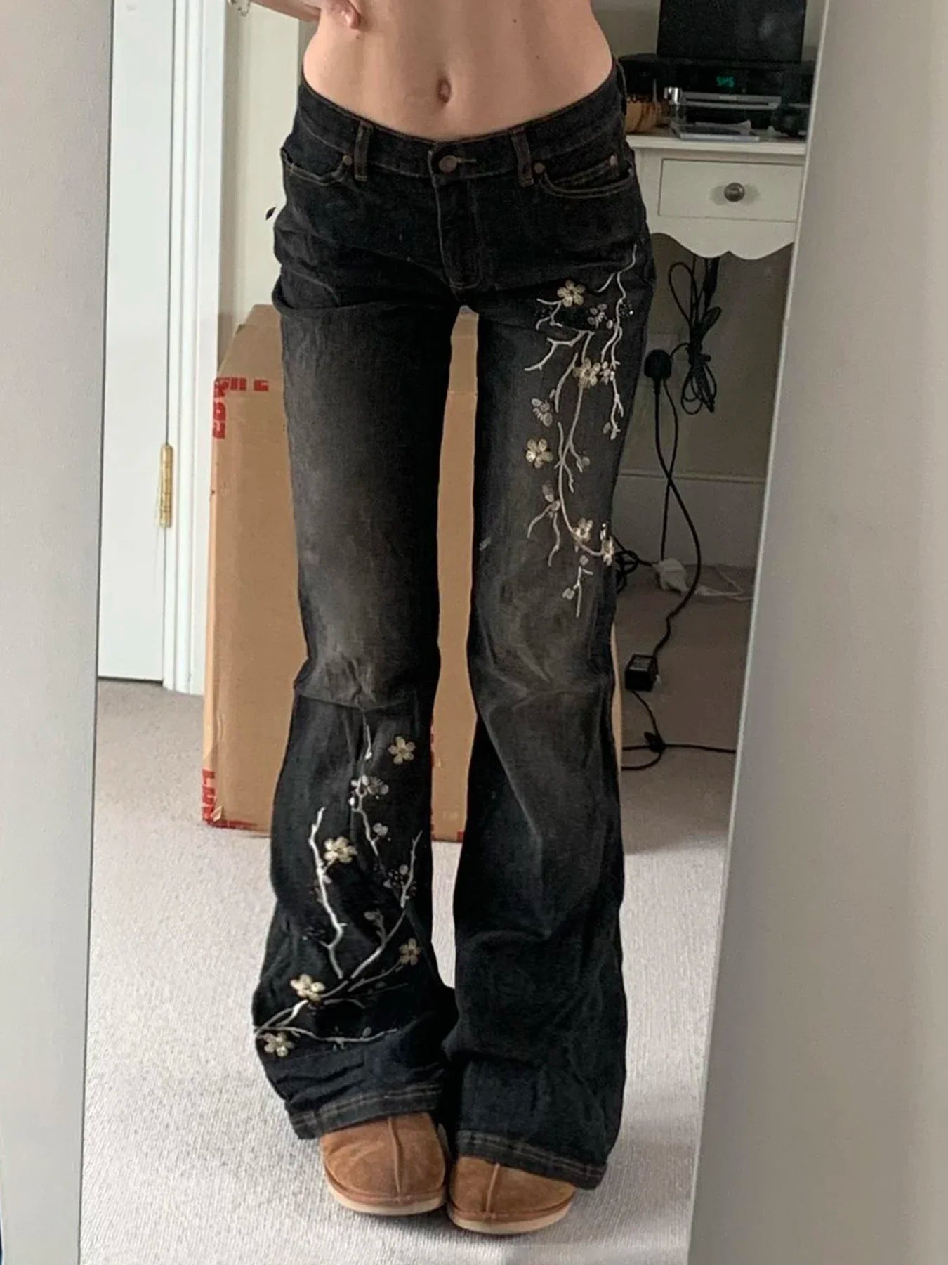Y2K Floral Embroidery Low Rise Flared Jeans