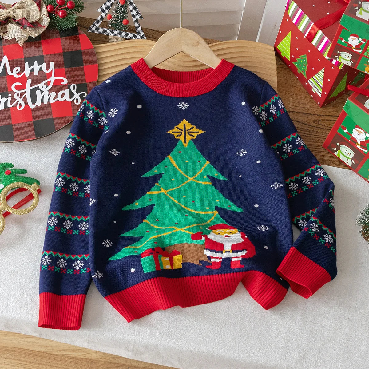 Kids Boys Christmas Sweater Little Elk Jacquard Knit Pullover Santa Claus Baby Boy Xmas Knitwear