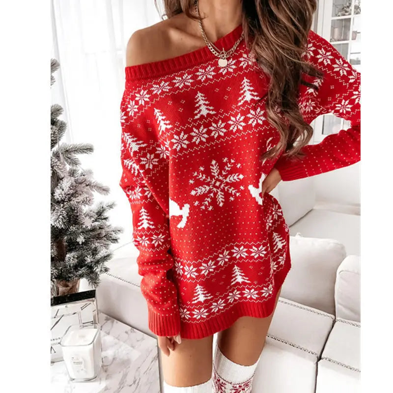 Women's Christmas Slanted Neck Knitted Sweater – Long Sleeve Autumn & Winter Pullover