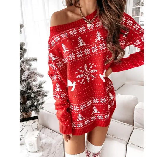 Women's Christmas Slanted Neck Knitted Sweater – Long Sleeve Autumn & Winter Pullover