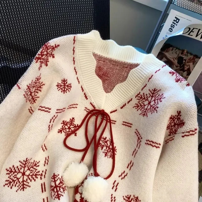 Women’s Christmas Knitted Sweater 2025 Vintage Long Sleeve V-Neck Loose Pullover Jumper Autumn Winter