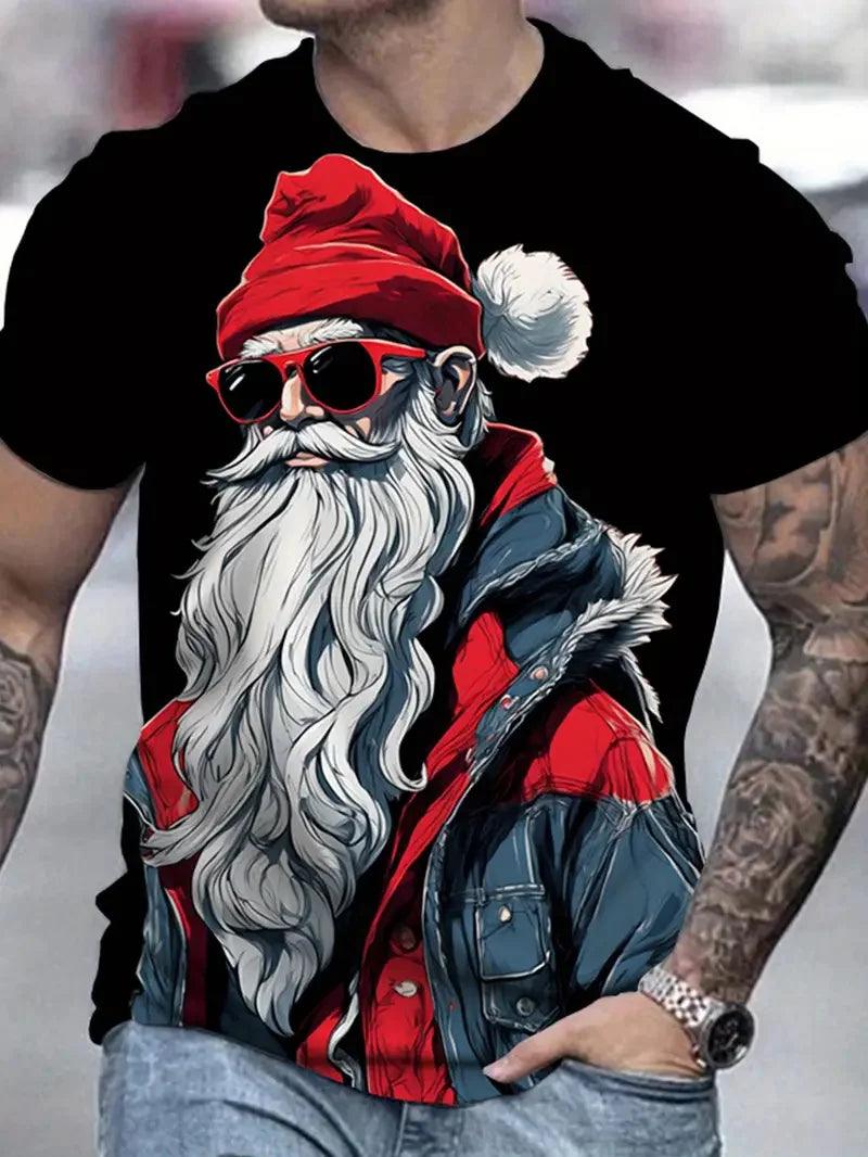 Men’s Christmas 3D Santa Claus Print T-Shirt – Casual Short Sleeve Oversized Holiday Tee, Fashion O-Neck Top for New Year