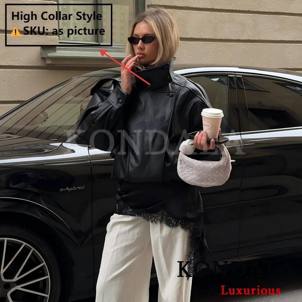 Oversized Black Leather Coat for Women – Casual Chic, Button-Up, Long Sleeve Streetwear Jacket