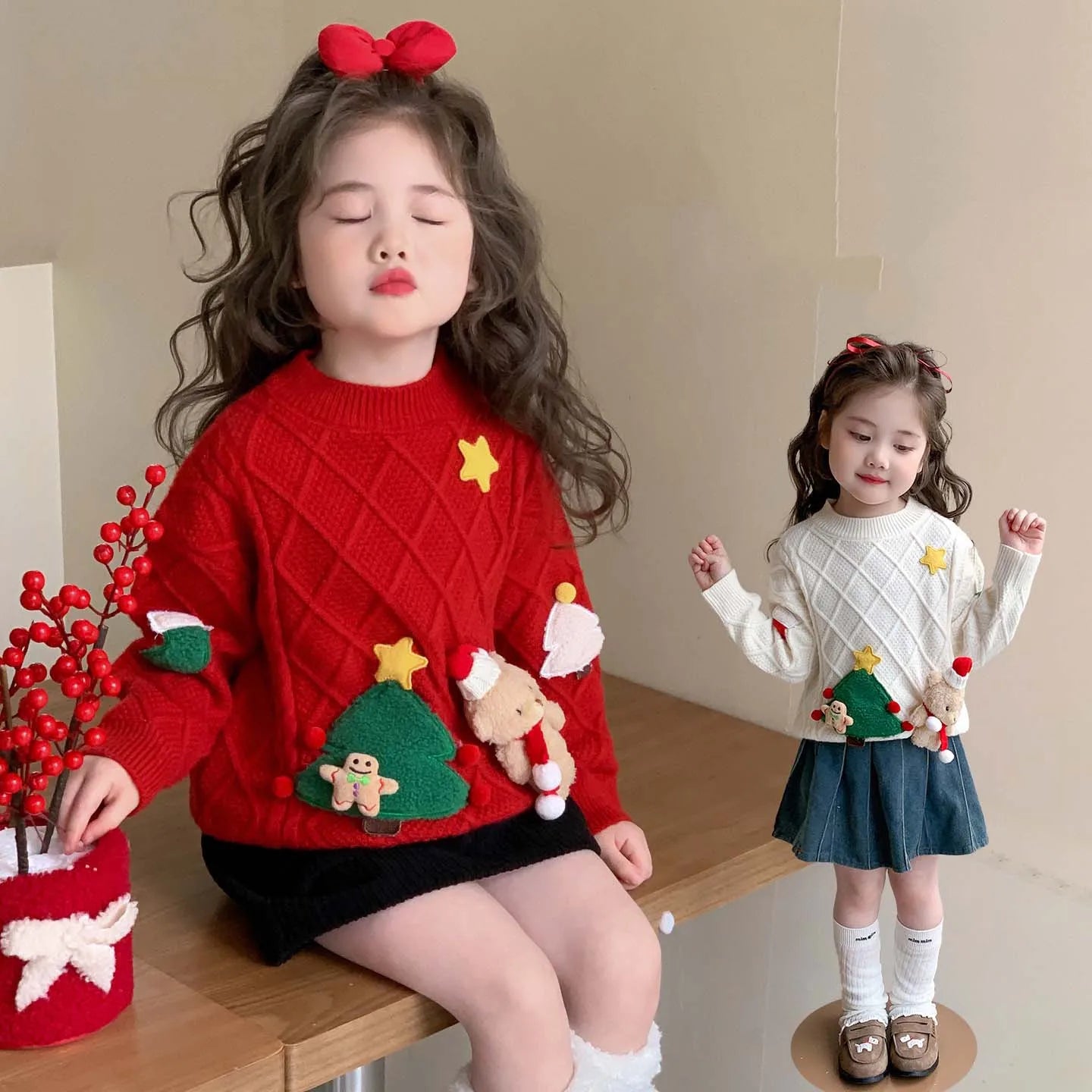 Korean Style Winter Girls Christmas Sweater – Santa & Tree Knit Pullover for Kids 2-8 Years with Velvet & Soft Scarf