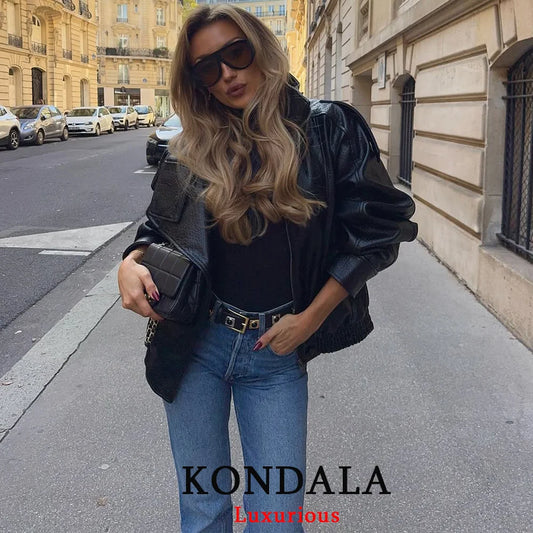 Oversized Black Leather Coat for Women – Casual Chic, Button-Up, Long Sleeve Streetwear Jacket