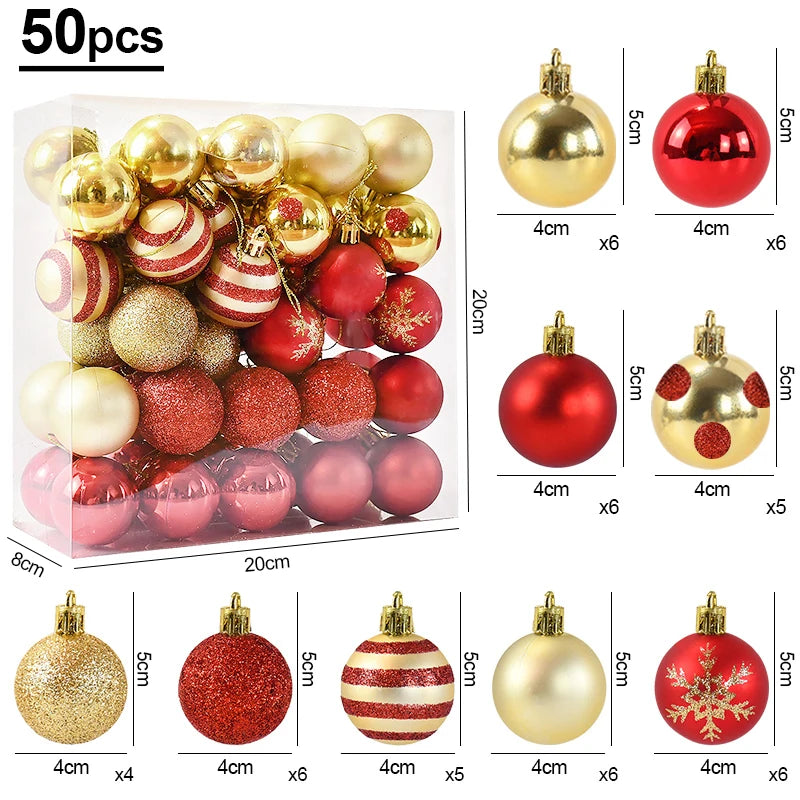 50Pcs Christmas Tree Baubles Set – Red & Gold Hanging Ornaments for Home Decor & New Year 2026