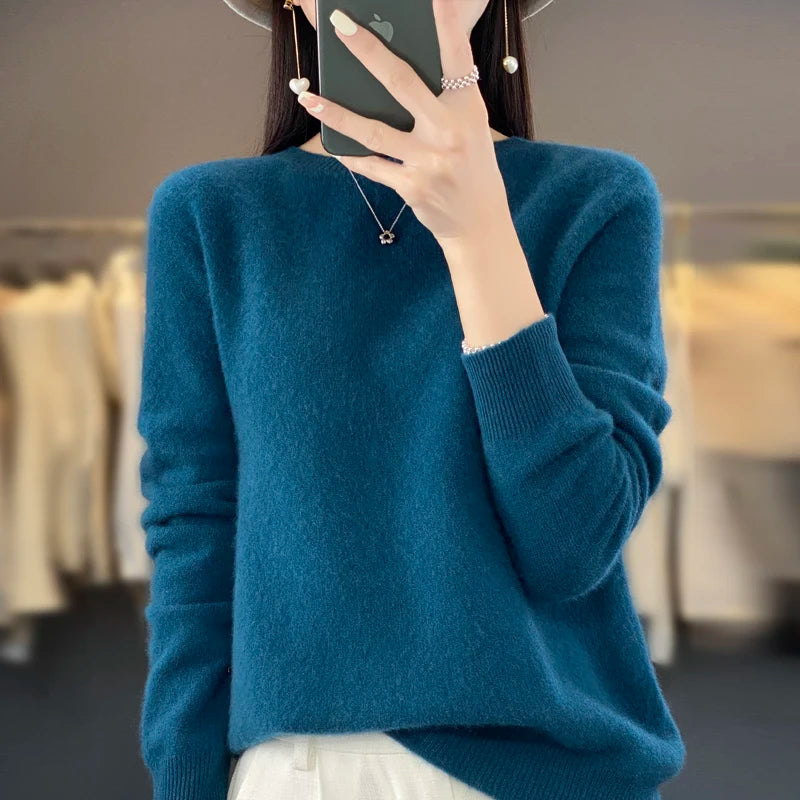 Women’s 100% Merino Wool Sweater – Autumn Winter O-Neck Warm Cashmere-Feel Pullover