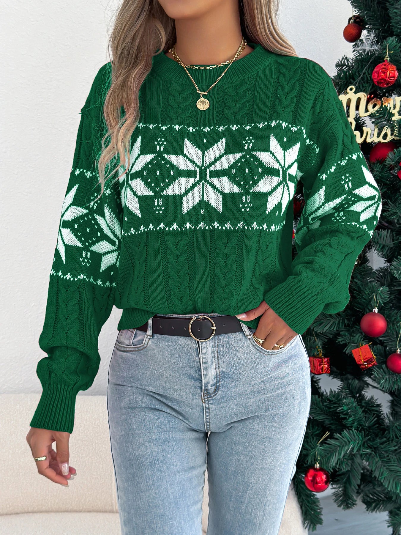Women’s Christmas Sweater 2025 Autumn Winter – Snowflake Pattern Knitted Pullover Long Sleeve Round Neck Casual Top