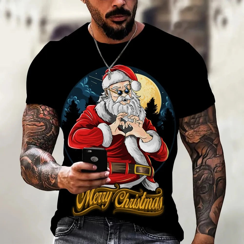 Men’s Christmas 3D Santa Claus Print T-Shirt – Casual Short Sleeve Oversized Holiday Tee, Fashion O-Neck Top for New Year