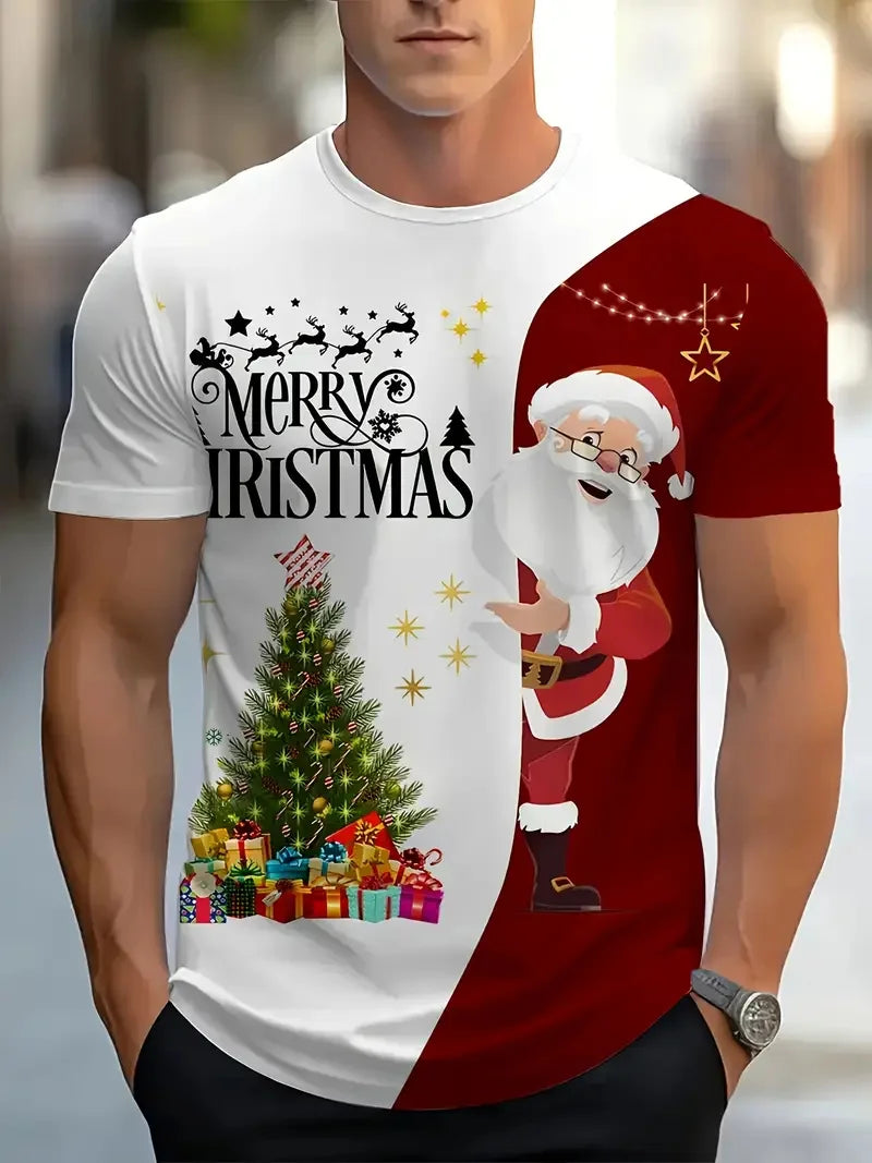 Funny Cartoon Santa Claus Christmas Graphic T-Shirt – Casual Loose Round Neck Short Sleeve Tee for Men & Women