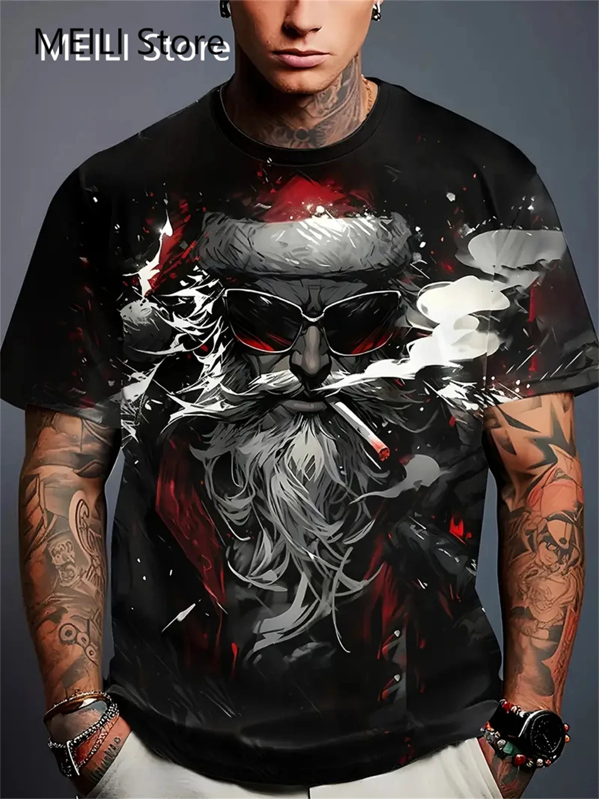 Men’s Christmas 3D Santa Claus Print T-Shirt – Casual Short Sleeve Oversized Holiday Tee, Fashion O-Neck Top for New Year