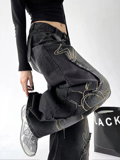 Women's Y2K Wide Leg Embroidered Jeans