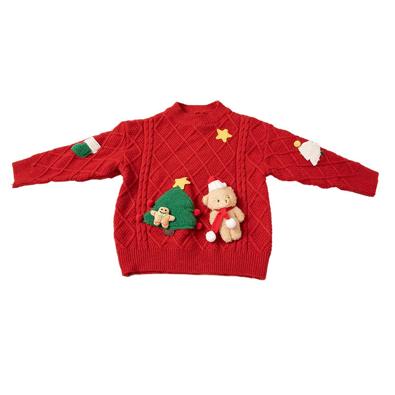 Korean Style Winter Girls Christmas Sweater – Santa & Tree Knit Pullover for Kids 2-8 Years with Velvet & Soft Scarf