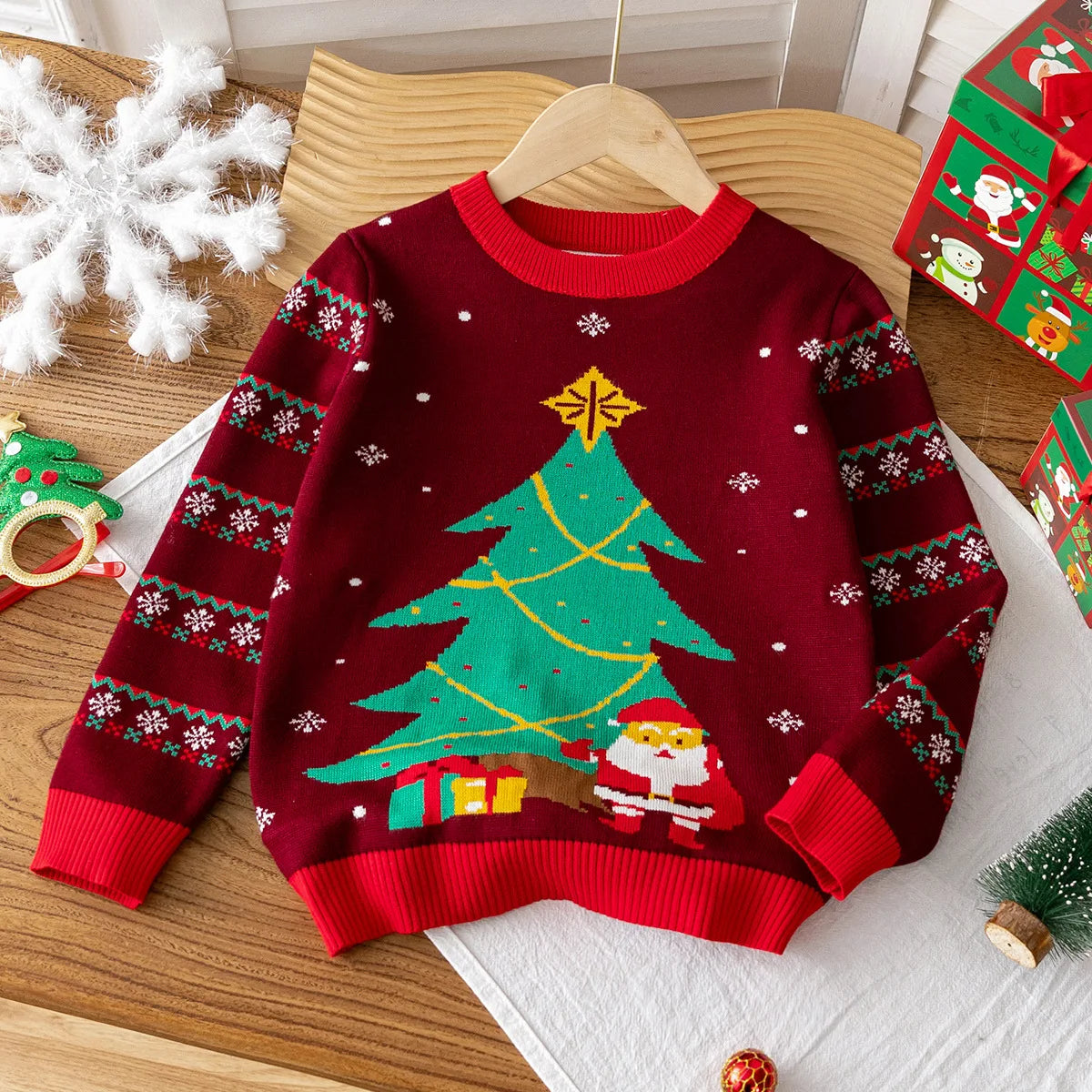 Kids Boys Christmas Sweater Little Elk Jacquard Knit Pullover Santa Claus Baby Boy Xmas Knitwear