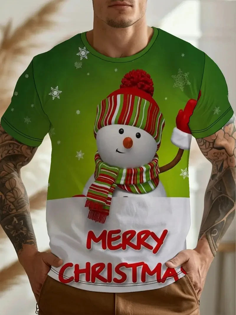 Men’s 3D Snowman Graphic T-Shirt – Casual Christmas Short Sleeve Tee, Holiday Printed Pullover Top