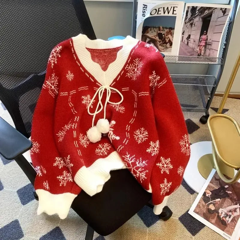 Women’s Christmas Knitted Sweater 2025 Vintage Long Sleeve V-Neck Loose Pullover Jumper Autumn Winter