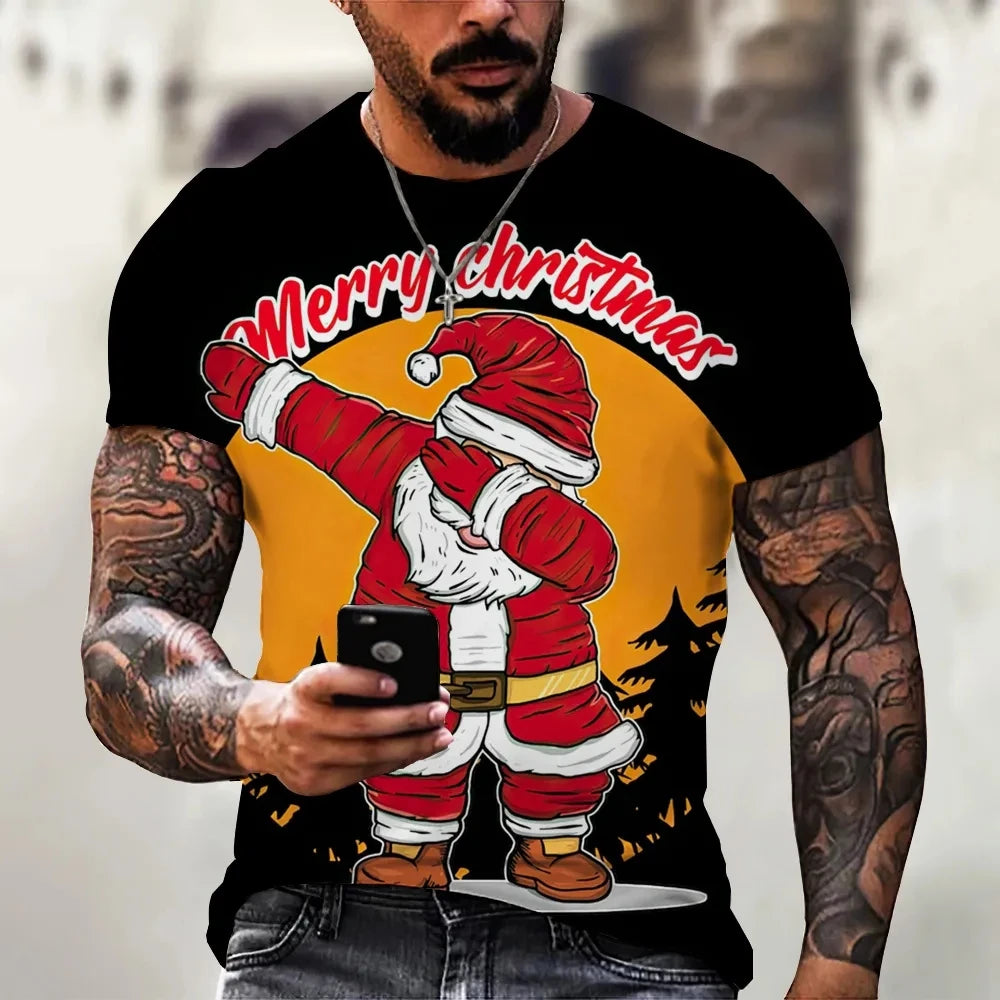 Men’s Christmas 3D Santa Claus Print T-Shirt – Casual Short Sleeve Oversized Holiday Tee, Fashion O-Neck Top for New Year