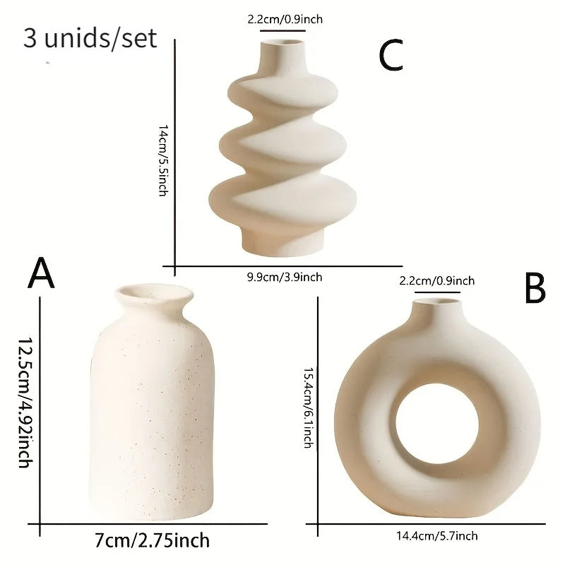 Set of 3 White Ceramic Bohemian Vases