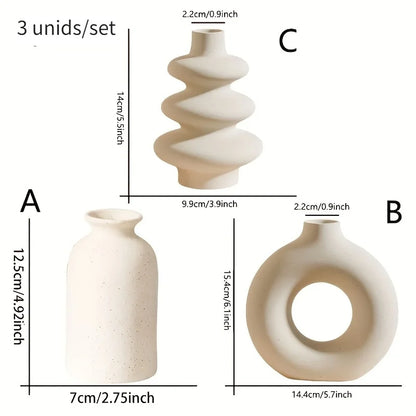 Set of 3 White Ceramic Bohemian Vases