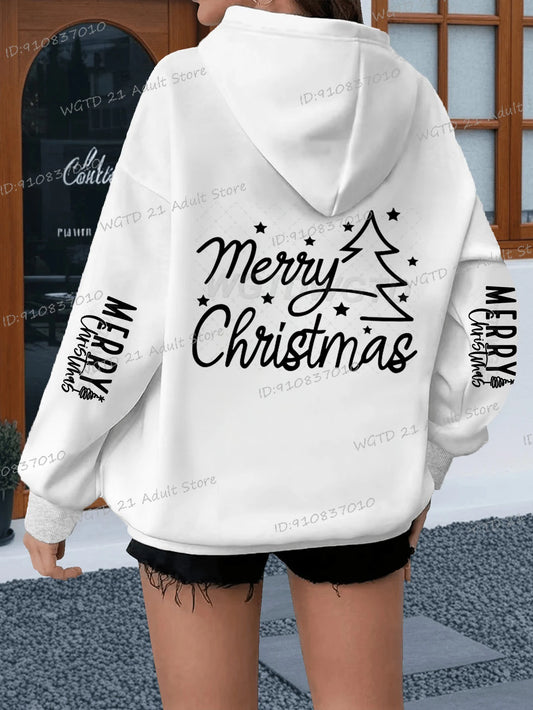 Women’s Merry Christmas Hoodie – Casual Loose Fit Holiday Sweatshirt with Vintage Tree Graphic